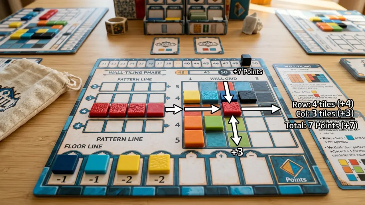 Närbild på poängräkning under väggkakling i Azul med anslutande horisontella och vertikala brickor samt minuspoäng på golvlinjen