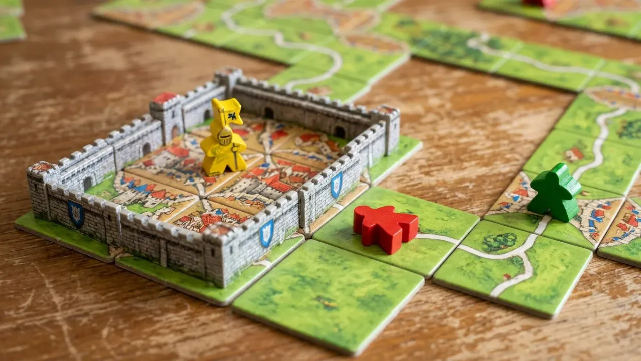 Regler för meeple-placering och poängräkning i Carcassonne för riddare i städer, rövare på vägar och bönder på ängar