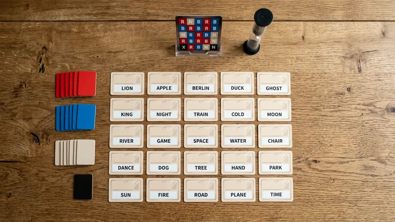 Spelförberedelse för Codenames med 5x5 rutnät av ordkort på träbord, agentbrickor, timglas och nyckelkort i hållare