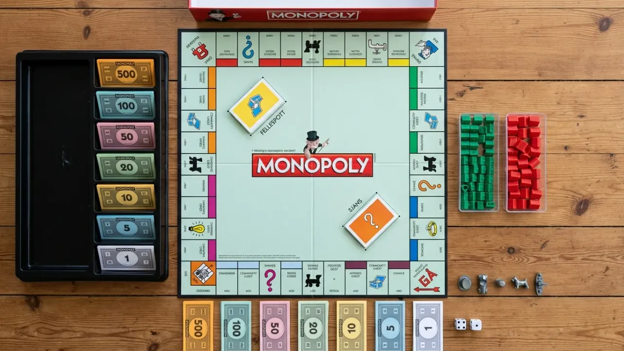 Spelförberedelse för Monopol med tärningar, metallpjäser på GÅ, sorterade sedlar i bankfacket, gröna hus och röda hotell