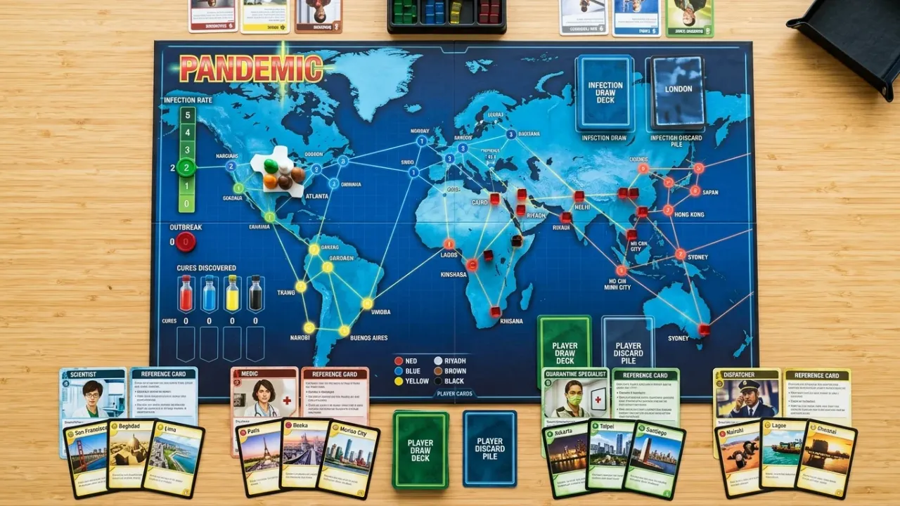 Spelförberedelse för Pandemic med världskarta, sjukdomskuber i 9 startstäder, forskningsstation i Atlanta och infektionsmarkörer