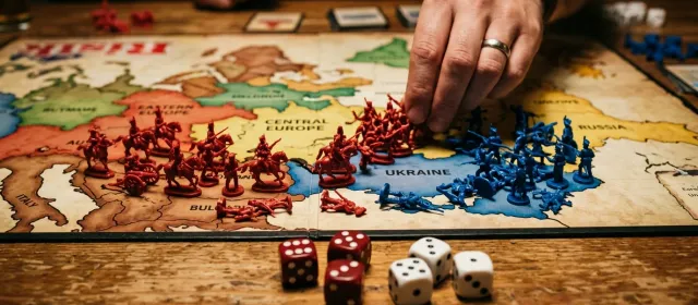 Risk världskarta med arméer och röda mot vita stridstärningar