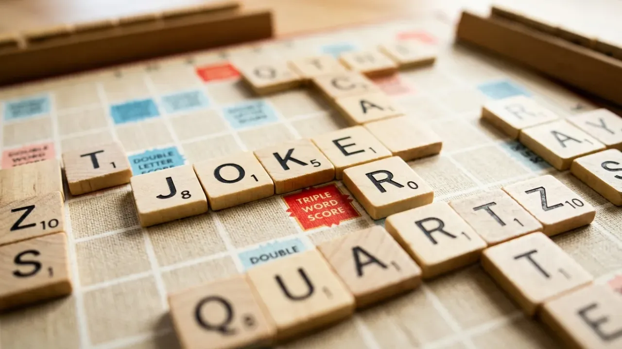 Närbild på Scrabble-spelplan med bokstavsbrickor, blank bricka och röda samt blå bonusrutor för ordpoäng