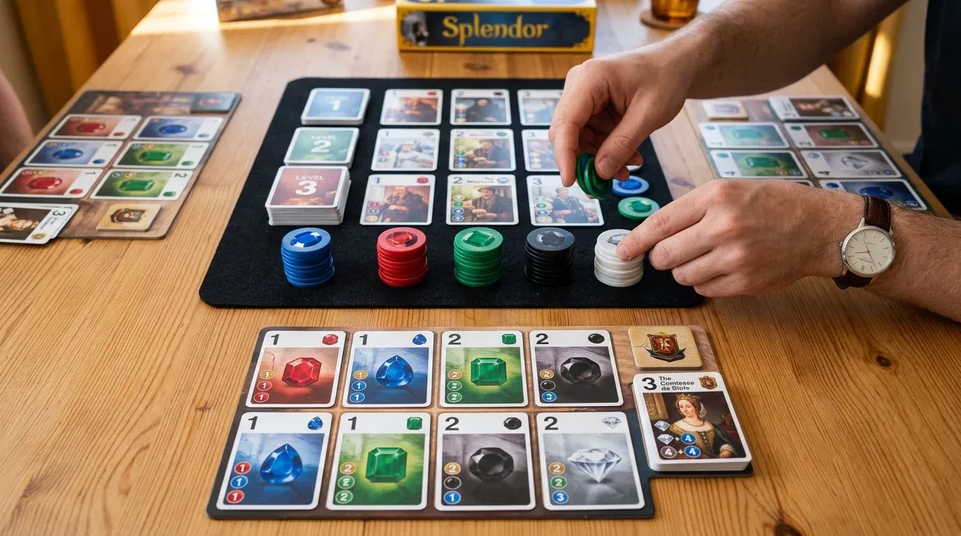 Spelare som köper ett utvecklingskort i Splendor med permanenta rabatter och ädelstensmarker