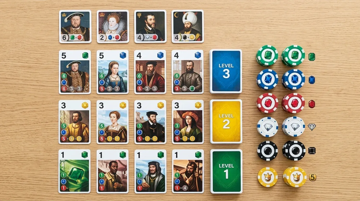 Spelplan och startuppställning i Splendor med kortrader, adelsmän och ädelstensmarker