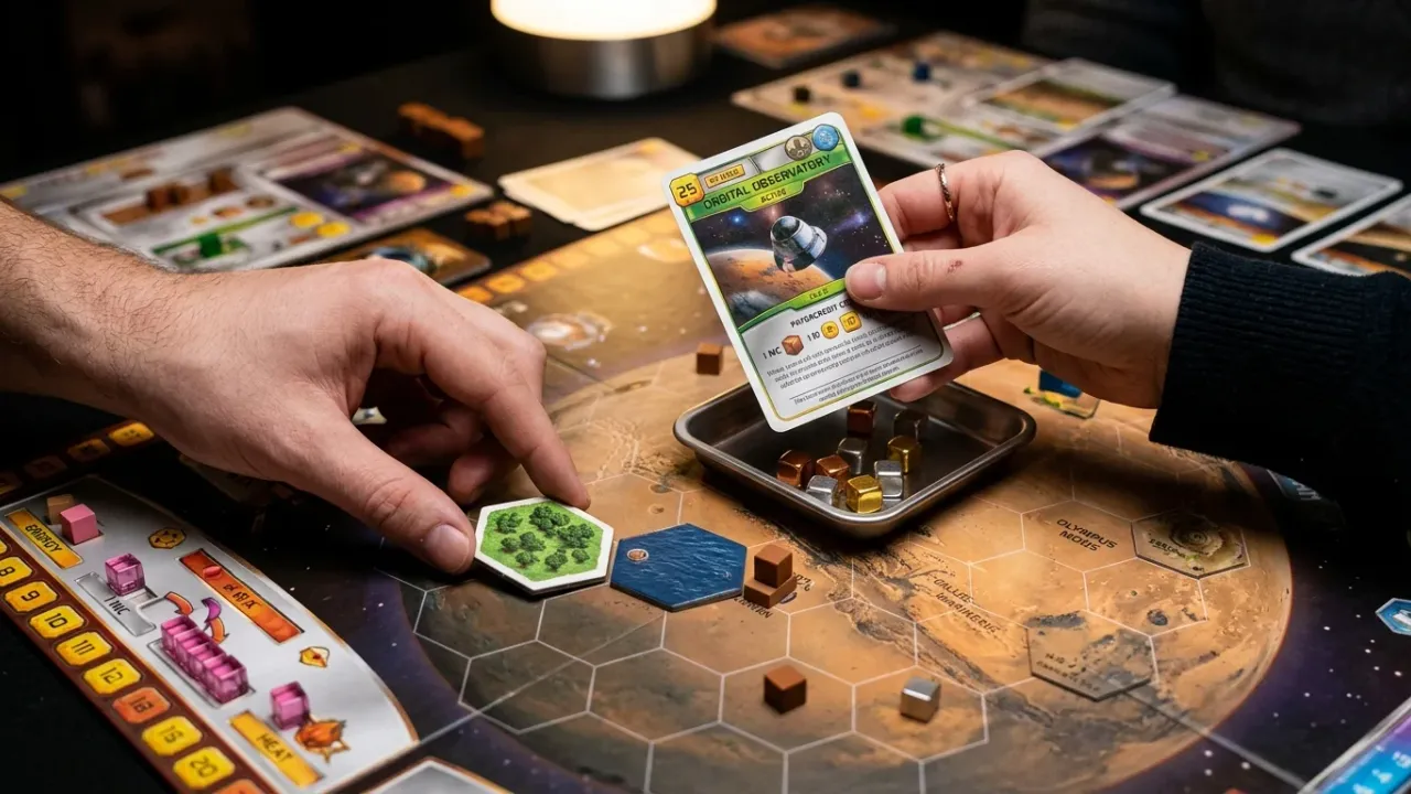 Spela projektkort och placera skogsbrickor intill oceaner i Terraforming Mars