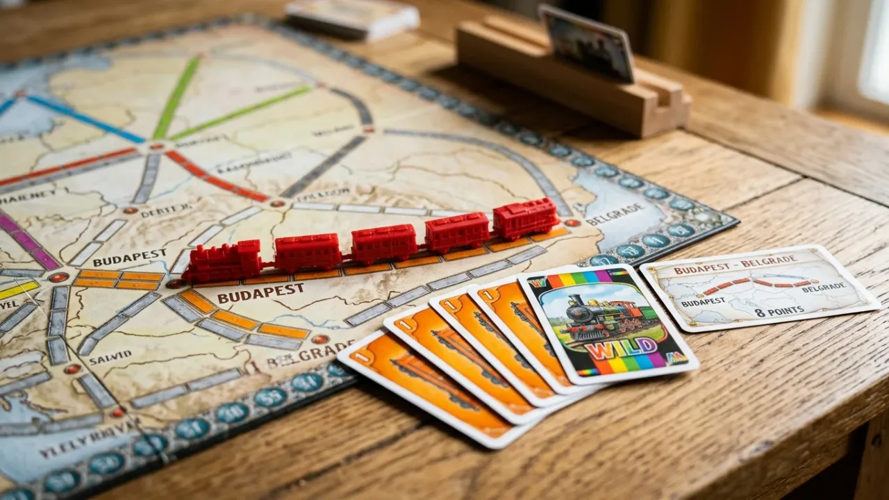 Byggande av sträcka med tågkort, lokkort och destinationsbiljetter i Ticket to Ride