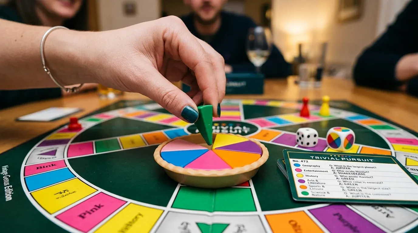 Närbild på en spelare som placerar den sista tårtbiten i sin spelpjäs under ett parti Trivial Pursuit