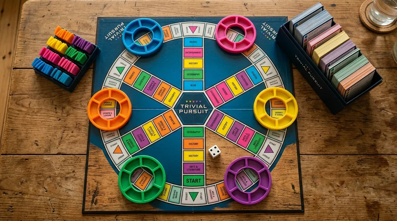 Bordslayout och komponenter vid förberedelse av Trivial Pursuit med cirkulärt hjulbräde och tårtbitshållare