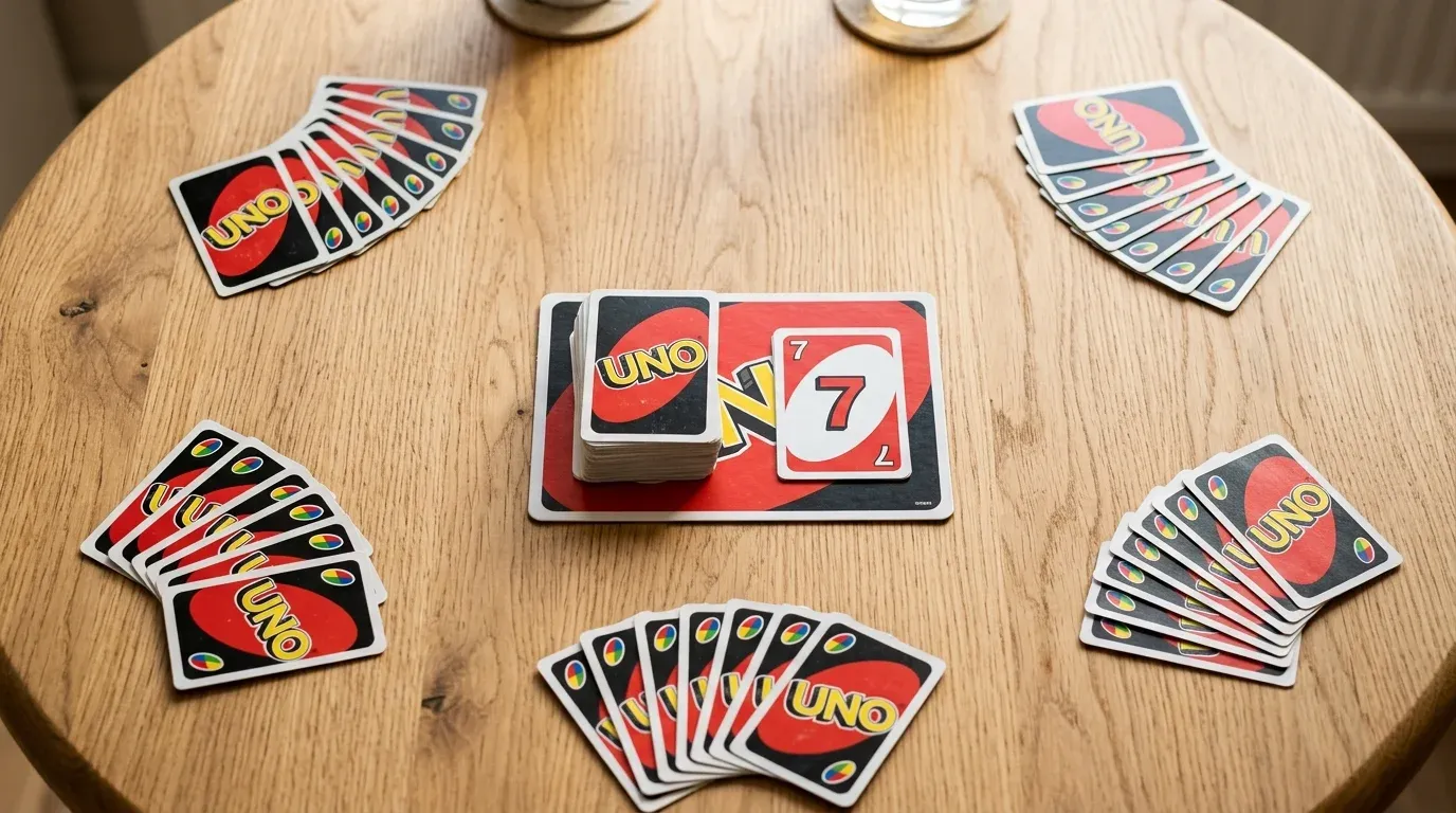 Bordslayout och setup för kortspelet Uno med draghög och 7 kort per deltagare