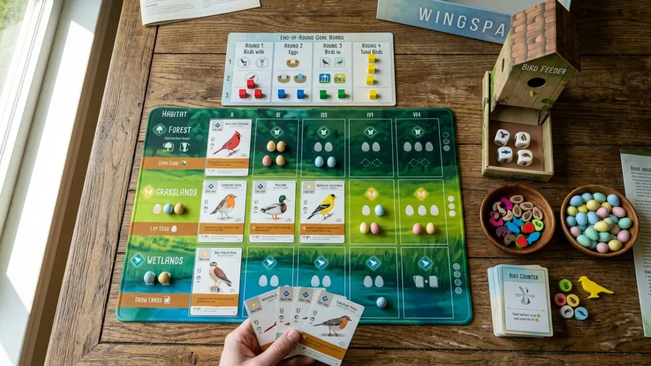 Wingspan spelförberedelse och startuppställning med habitatmatta för skog, gräsmark, våtmark samt fågelmatare i trä